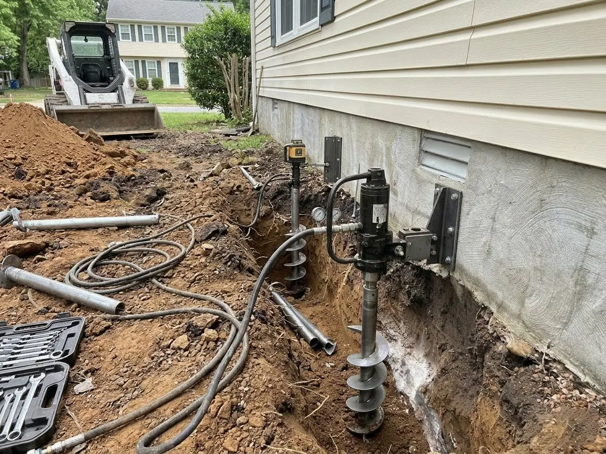 Foundation pier drilling equipment next to an excavated area beside a home