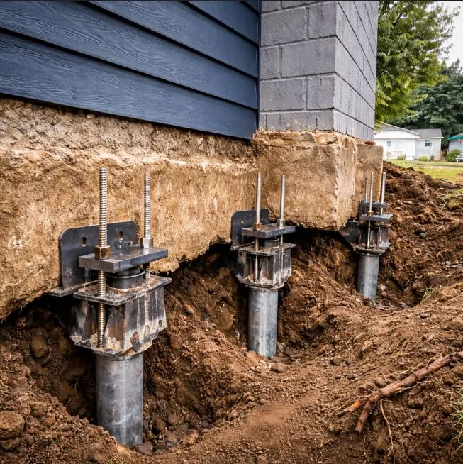 Helical piers installed along an exposed residential foundation wall during excavation