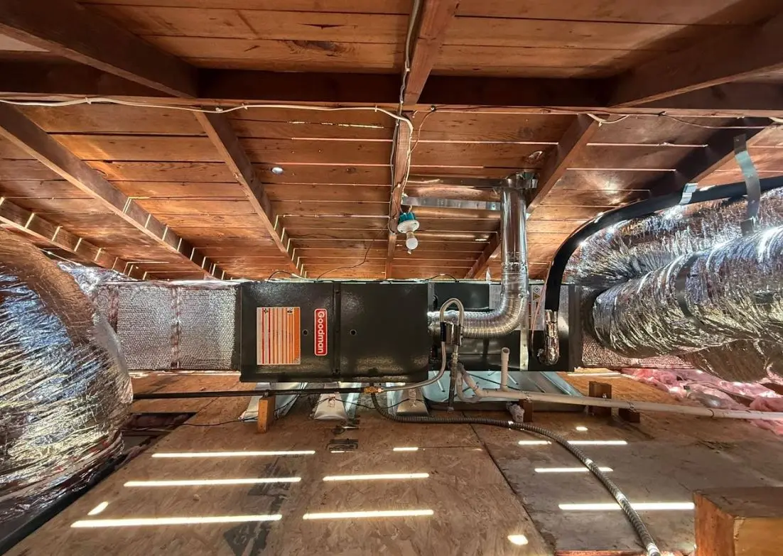 Goodman HVAC system installed in a residential attic in Southern California