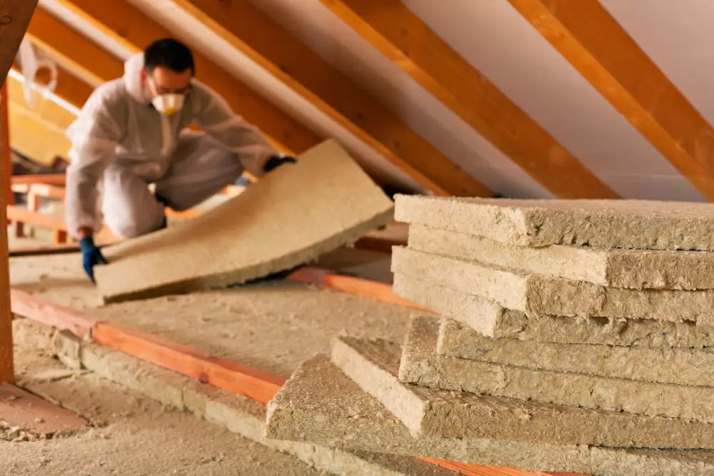 Worker installing fiberglass insulation batts in a residential attic