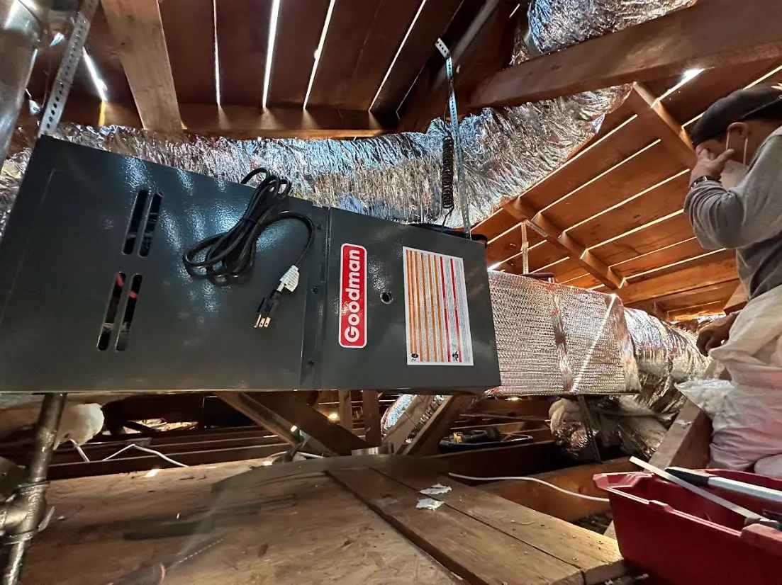 Goodman HVAC air handler installed in a residential attic in Southern California