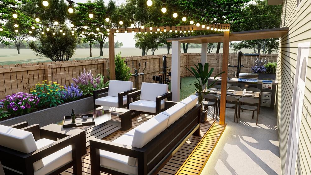 Backyard hardscape design with pergola, outdoor seating, and garden beds