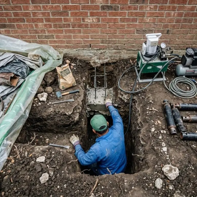 Foundation repair worker in an excavated pit next to a brick foundation wall