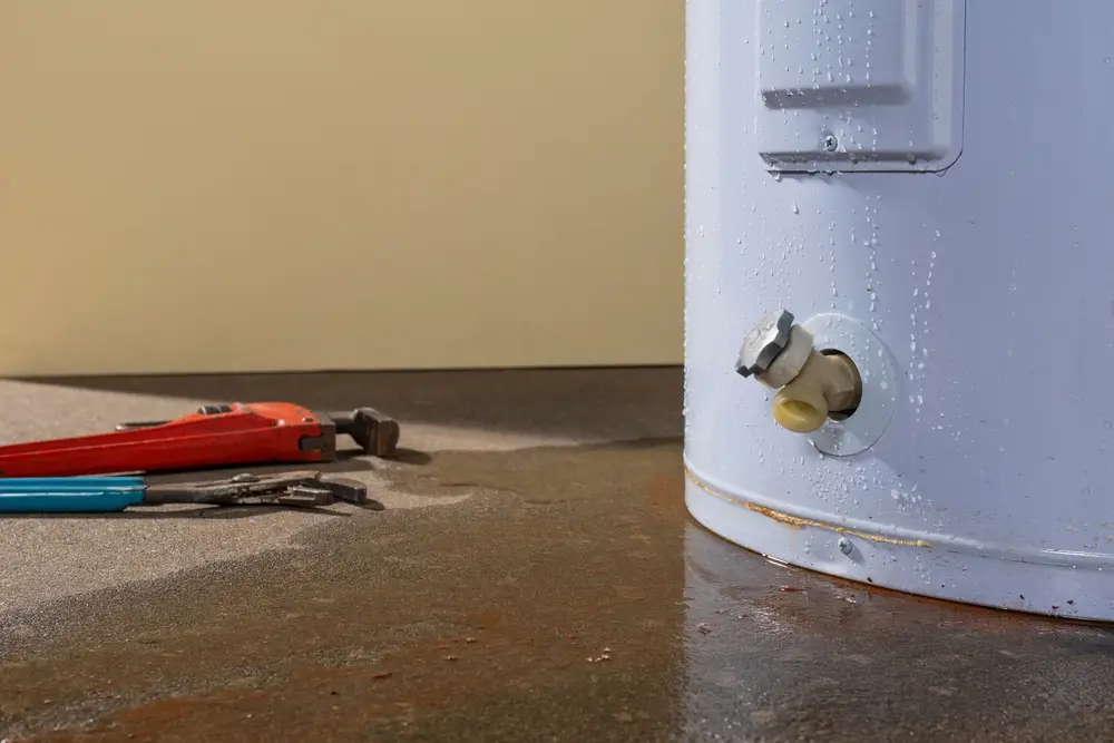 Old leaking tank water heater showing corrosion and water damage