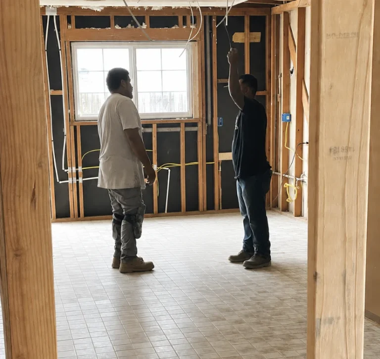 two crew members running new branch circuit cable in a gutted room