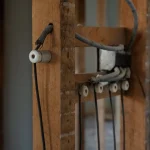 ceramic knob and a row of knob-and-tube conductors on a wall opened back to the studs