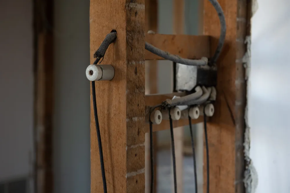 ceramic knob and a row of knob-and-tube conductors on a wall opened back to the studs